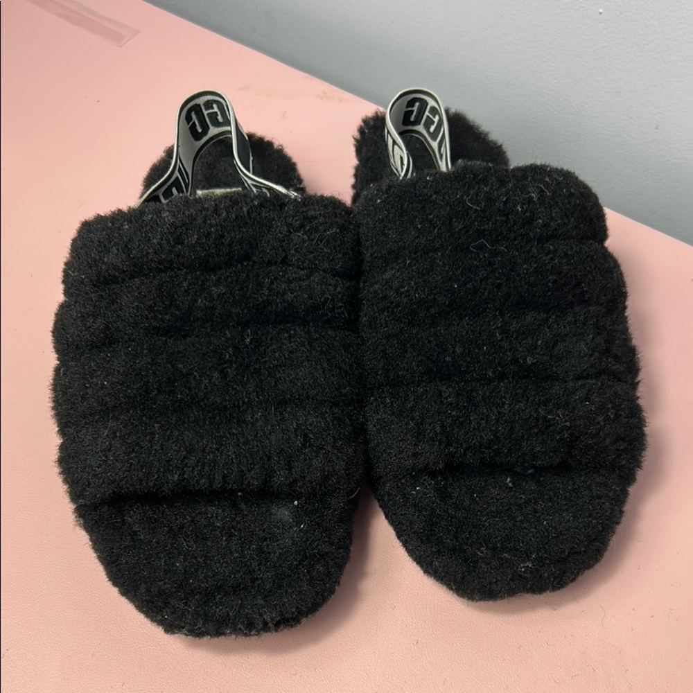 UGG Black Fuzzy Slide Slippers